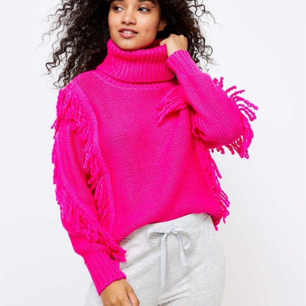 Pink Fringe Turtleneck Knit Sweater